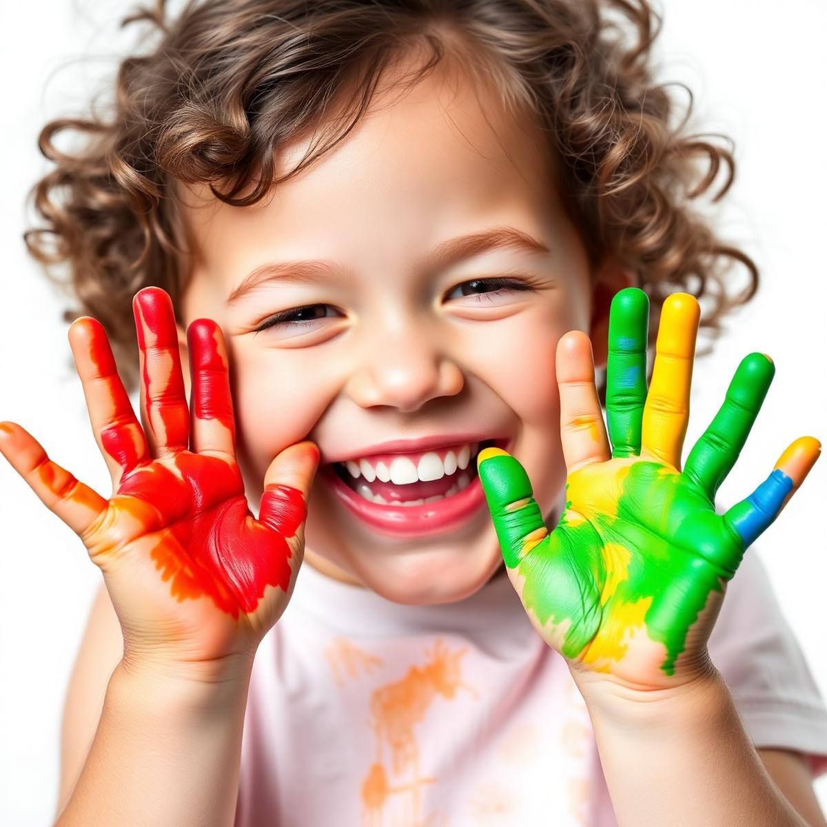 Criança feliz com tinta colorida nas mãos